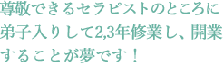 尊敬できるセラピストのところに弟子入りして2,3年修行し、開業することが夢です!