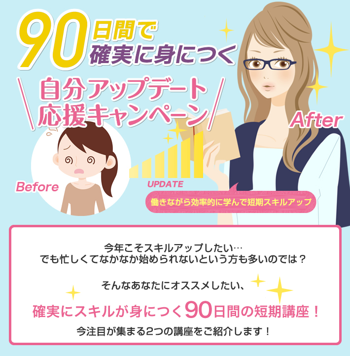 90日間で確実に身につく、自分アップデート応援キャンペーン。1月に初めて四月にはスキルアップ!