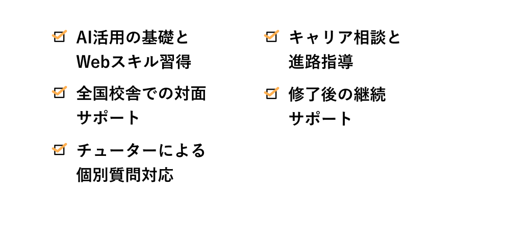 AI活用の基礎とWebスキル習得 キャリア相談と進路指導 全国校舎での対面サポート 修了後の継続サポート チューターによる個別質問対応