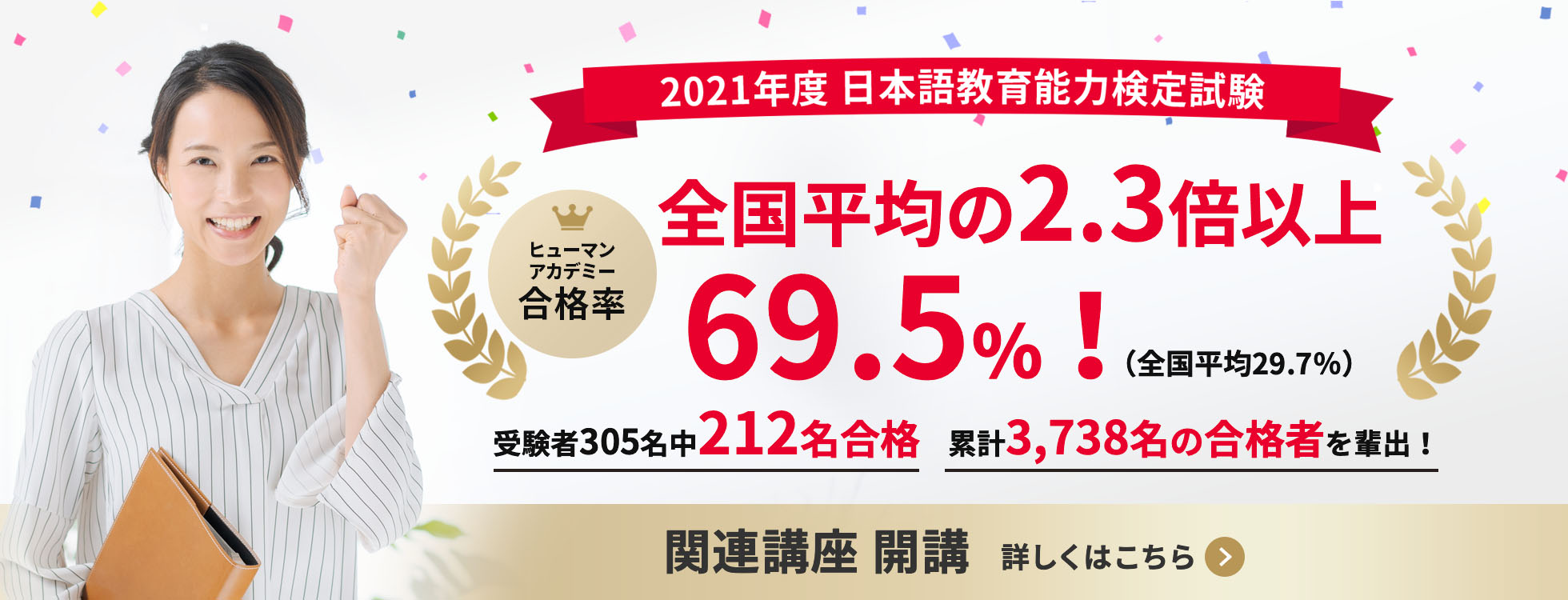 2021年度日本語教育能力検定試験ヒューマンアカデミー合格率 全国平均の2.3倍以上 69.5%！関連講座開講 詳しくはこちら
