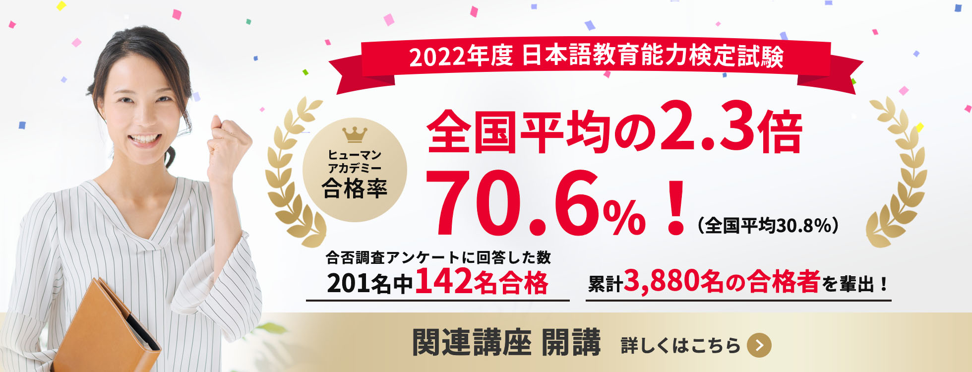2022年度日本語教育能力検定試験ヒューマンアカデミー合格率 全国平均の2.3倍 70.6%！関連講座開講 詳しくはこちら