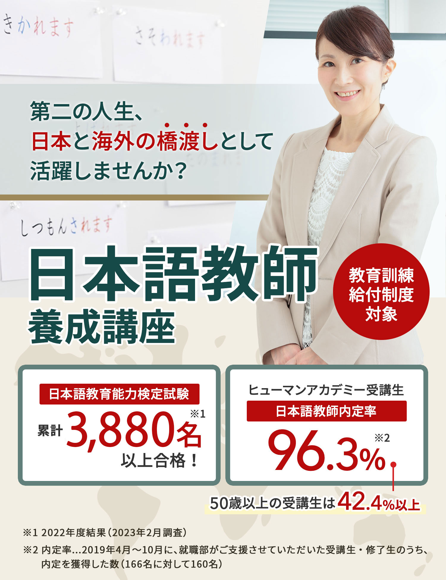 第二の人生、日本と海外の橋渡しとして活躍しませか？日本語教師養成講座 日本語教育能力検定試験 累計3,738名合格！