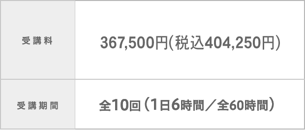 受講料：350,000円（税込 404,250円）分割払い＝月々6000円から学べる！ 受講期間：全10回（1日6時間／全60時間）